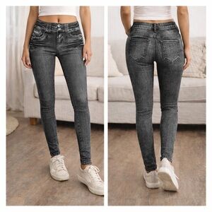 Genie Slim Jeggings L/XL — Faux Denim Stretch Leggings Black/Gray NEW